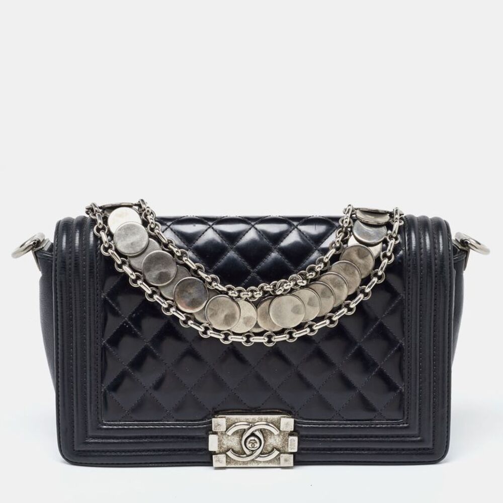 Chanel Boy Medium Black Patent Leather Shoulder Bags